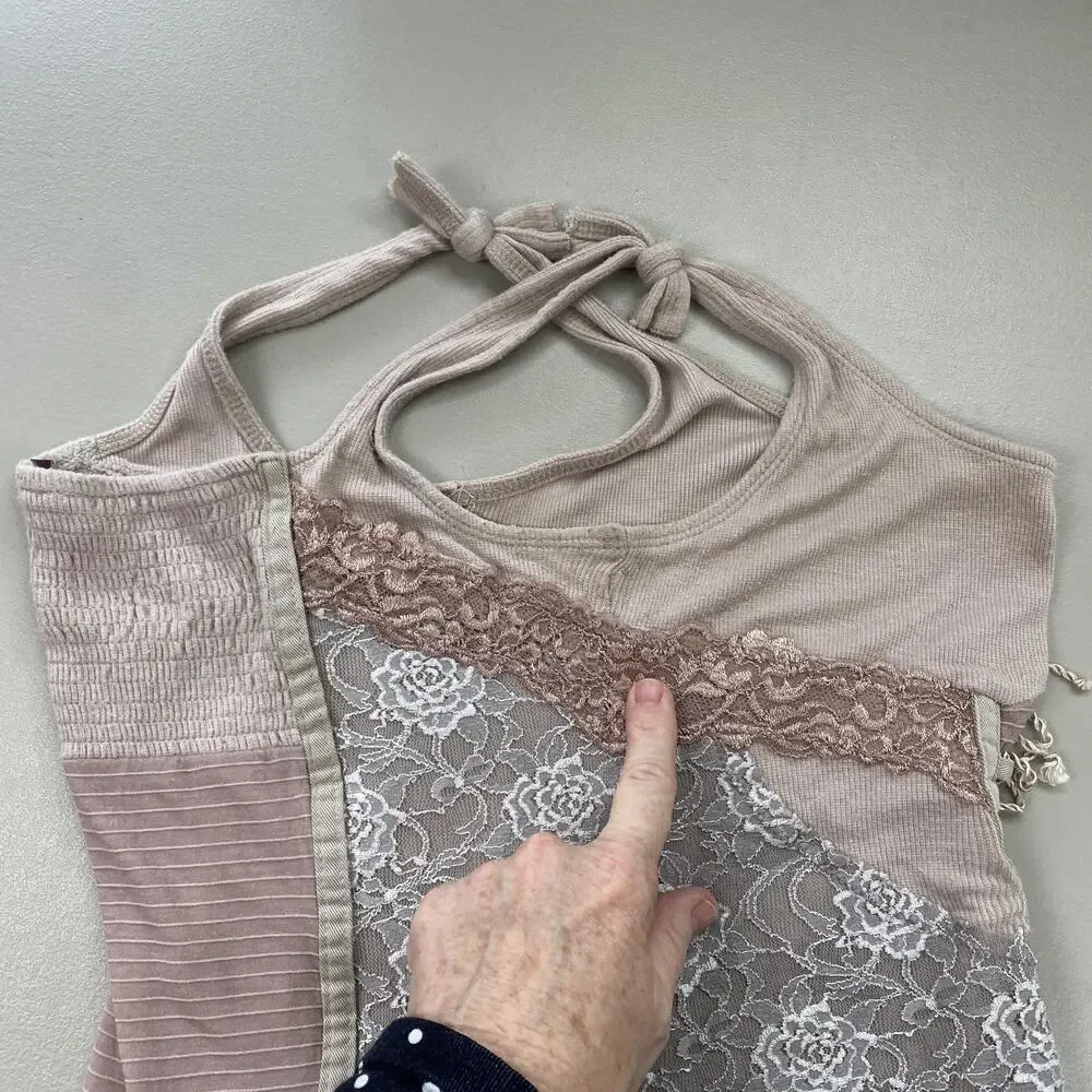 Free People Lace Corset Tank Top Medium Beige Blush Ruffle Fairy Grunge Ren Fair